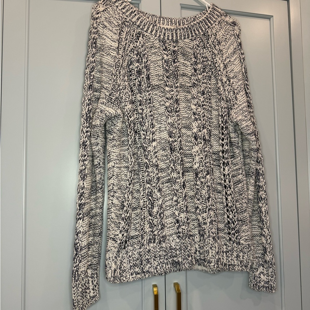 GAP Black‎ and White Cable Knit Sweater Sz L Womens fisherman oversized coastal